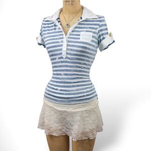Guess Womens S Striped Polo Top Rope Tie Back Blue White Fitted Y2K Coastal